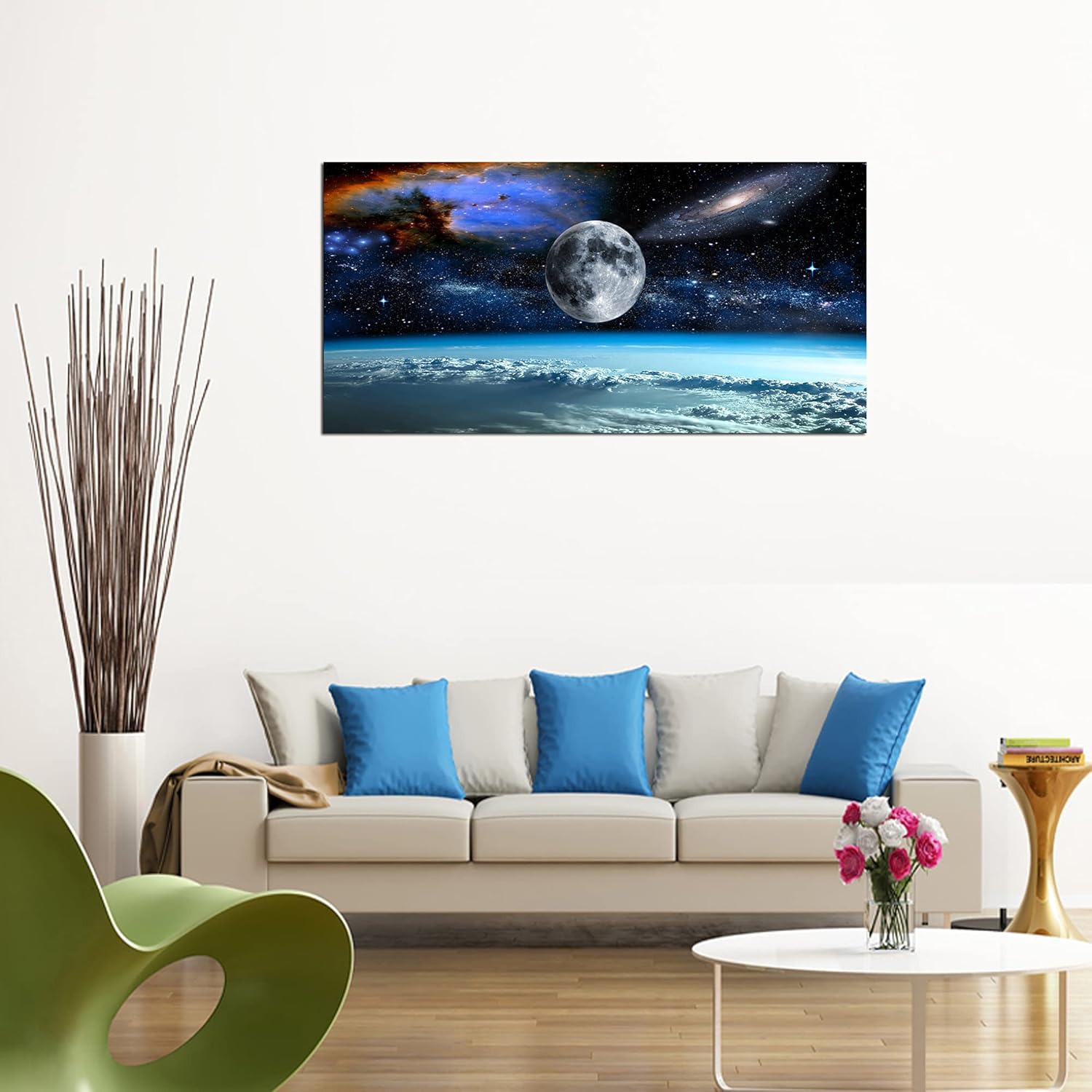 Modern canvas wall art featuring space view from Earth with cool blue and black tones and earth-colored accents, ready-to-hang with frame backing — view 2