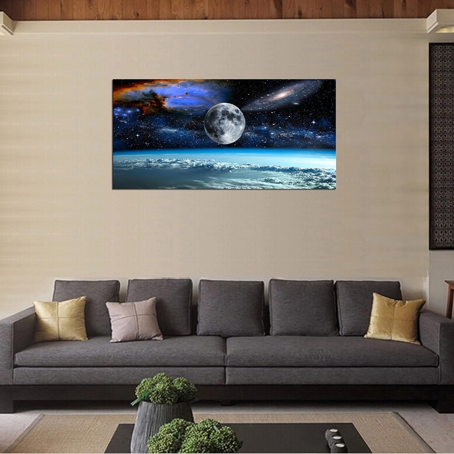 Modern canvas wall art featuring space view from Earth with cool blue and black tones and earth-colored accents, ready-to-hang with frame backing — view 3