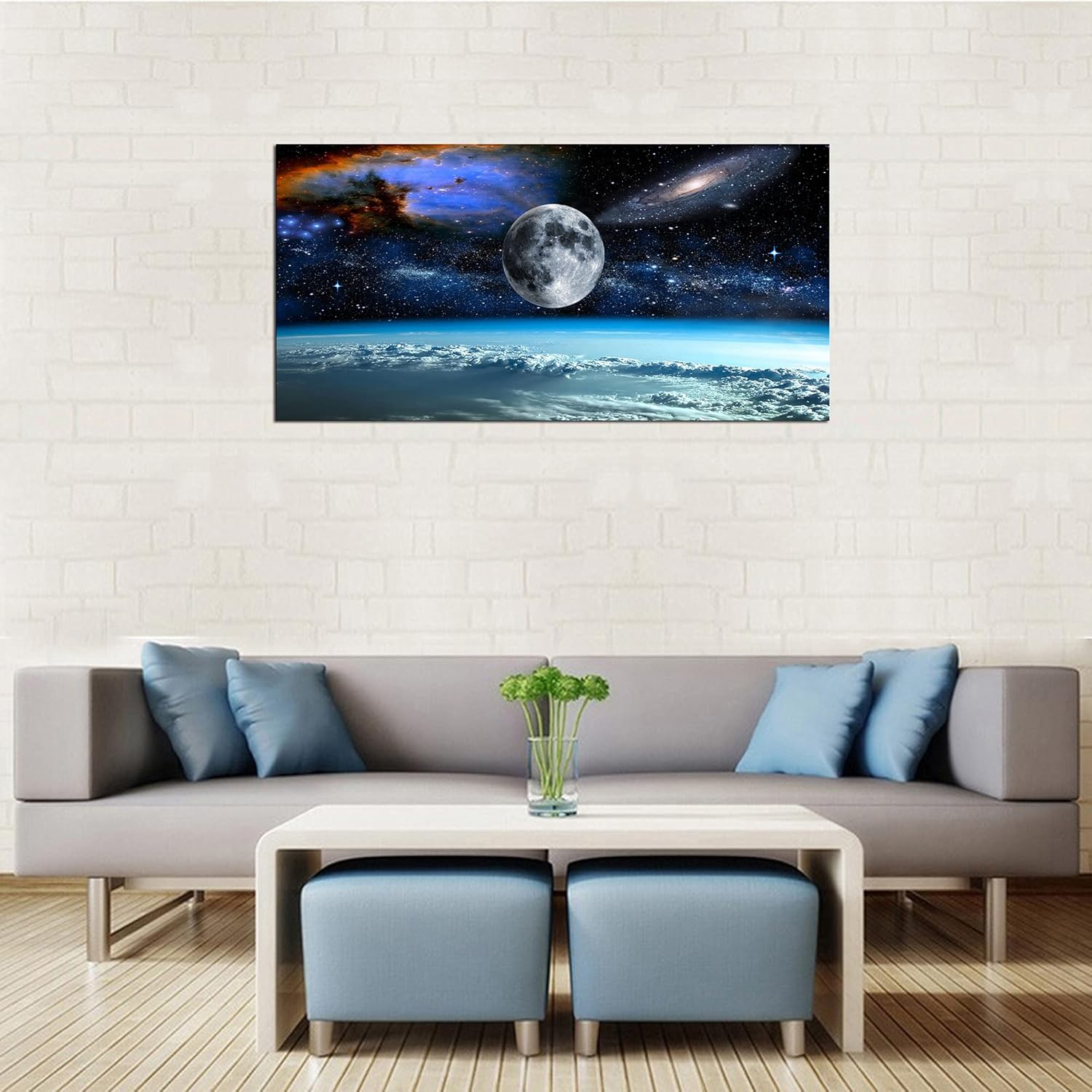 Modern canvas wall art featuring space view from Earth with cool blue and black tones and earth-colored accents, ready-to-hang with frame backing — view 4