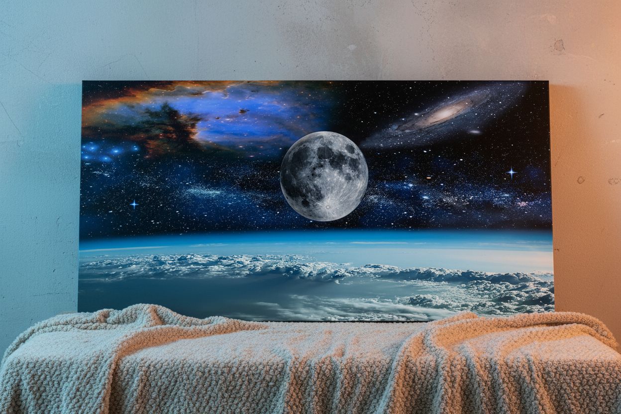 Modern canvas wall art featuring space view from Earth with cool blue and black tones and earth-colored accents, ready-to-hang with frame backing — hero view 1