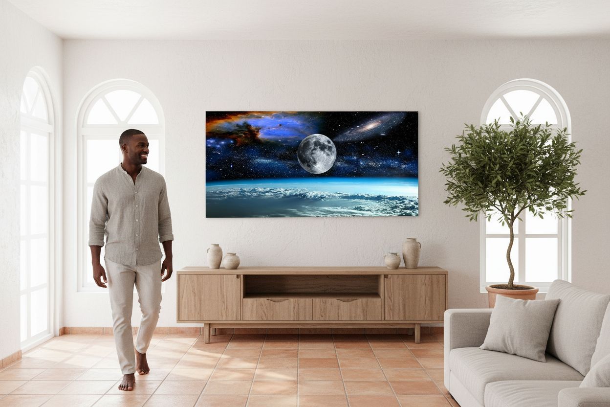 Modern canvas wall art featuring space view from Earth with cool blue and black tones and earth-colored accents, ready-to-hang with frame backing — view 3b