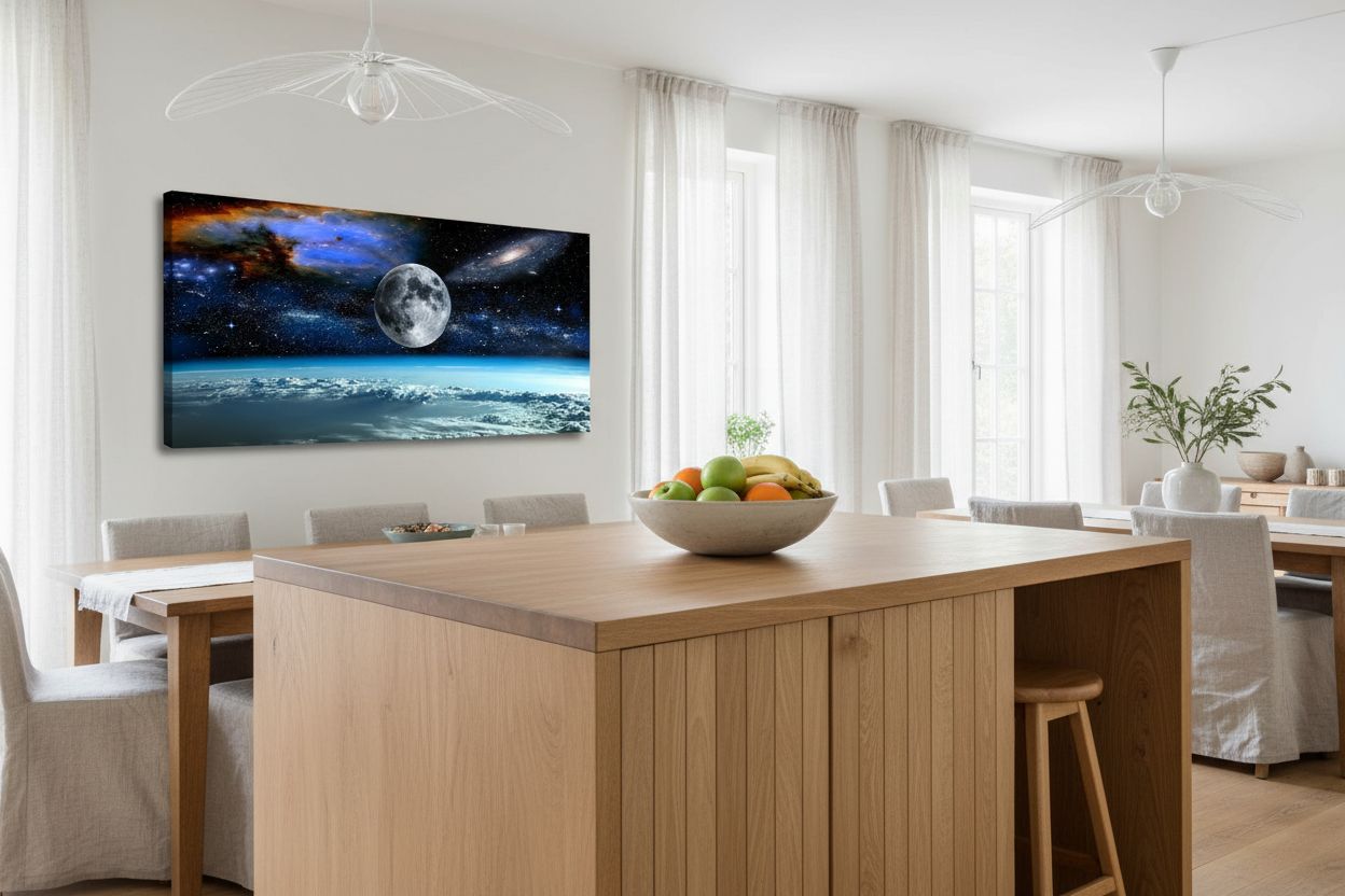 Modern canvas wall art featuring space view from Earth with cool blue and black tones and earth-colored accents, ready-to-hang with frame backing — view 5b