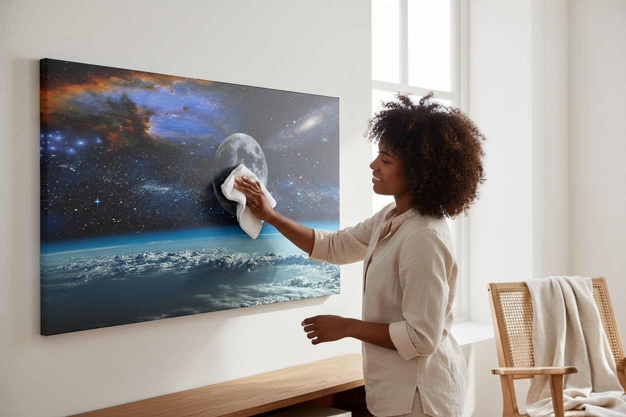 Modern canvas wall art featuring space view from Earth with cool blue and black tones and earth-colored accents, ready-to-hang with frame backing — view 2