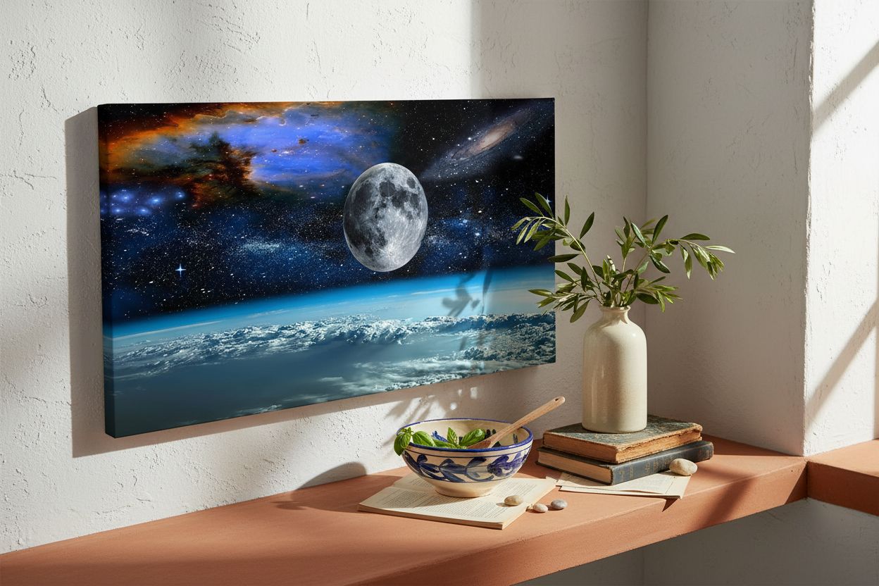 Modern canvas wall art featuring space view from Earth with cool blue and black tones and earth-colored accents, ready-to-hang with frame backing — view 3a