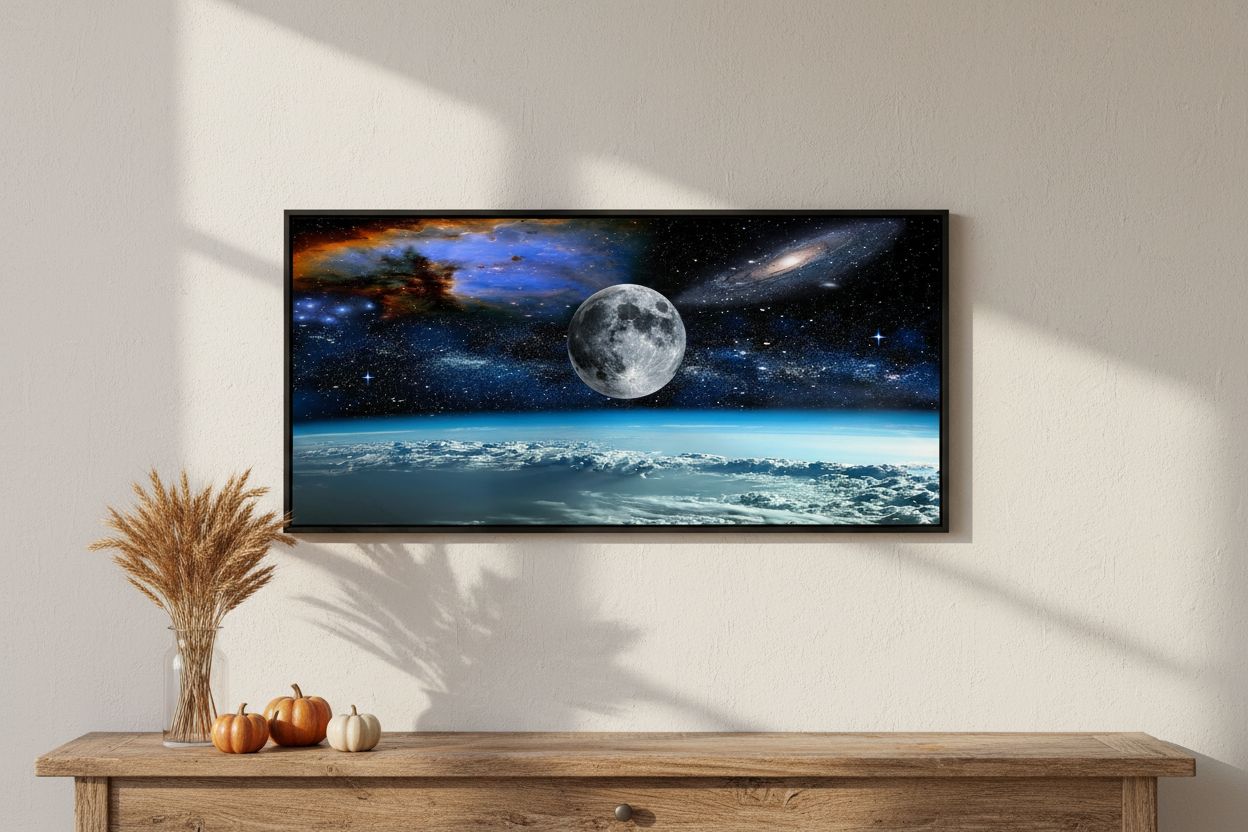 Modern canvas wall art featuring space view from Earth with cool blue and black tones and earth-colored accents, ready-to-hang with frame backing — view 4