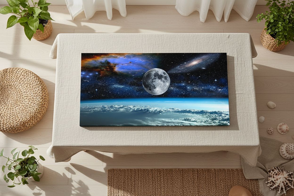 Modern canvas wall art featuring space view from Earth with cool blue and black tones and earth-colored accents, ready-to-hang with frame backing — view 5a
