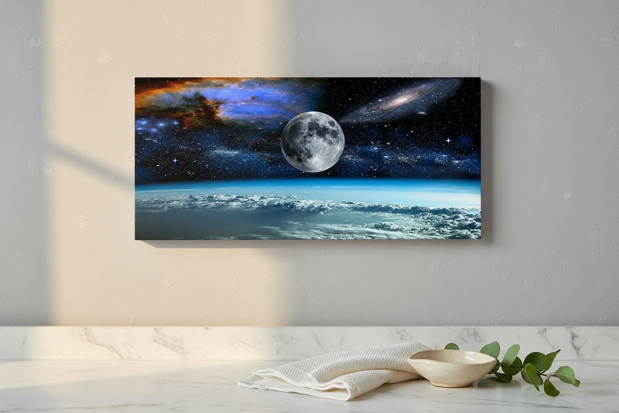 Modern canvas wall art featuring space view from Earth with cool blue and black tones and earth-colored accents, ready-to-hang with frame backing — hero view 2