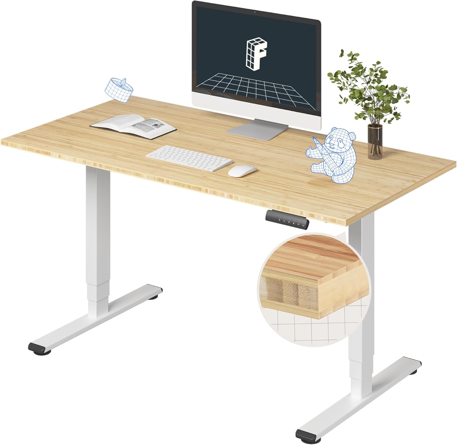 [Color] bamboo desktop electric standing desk with steel frame, shown at [height position], featuring [detail view] — view 1