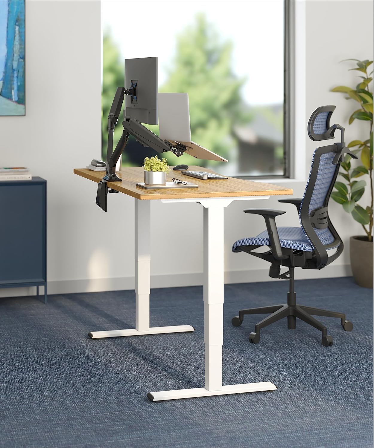 [Color] bamboo desktop electric standing desk with steel frame, shown at [height position], featuring [detail view] — view 2