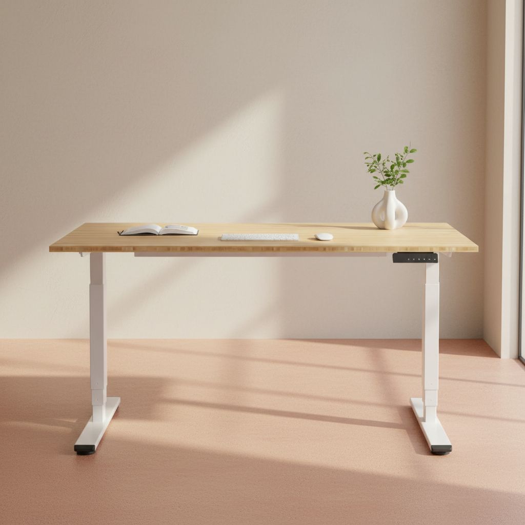 [Color] bamboo desktop electric standing desk with steel frame, shown at [height position], featuring [detail view] — hero view 1