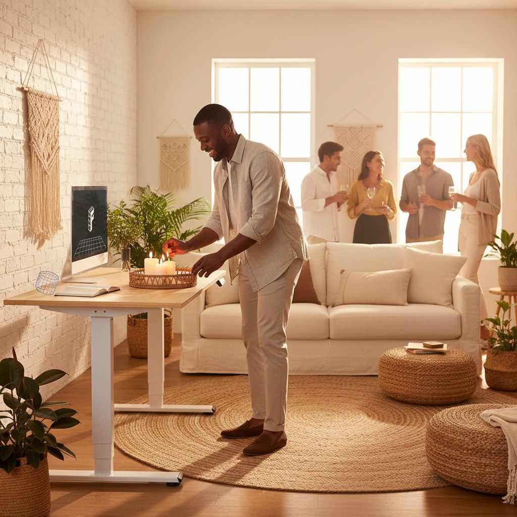 [Color] bamboo desktop electric standing desk with steel frame, shown at [height position], featuring [detail view] — view 3b