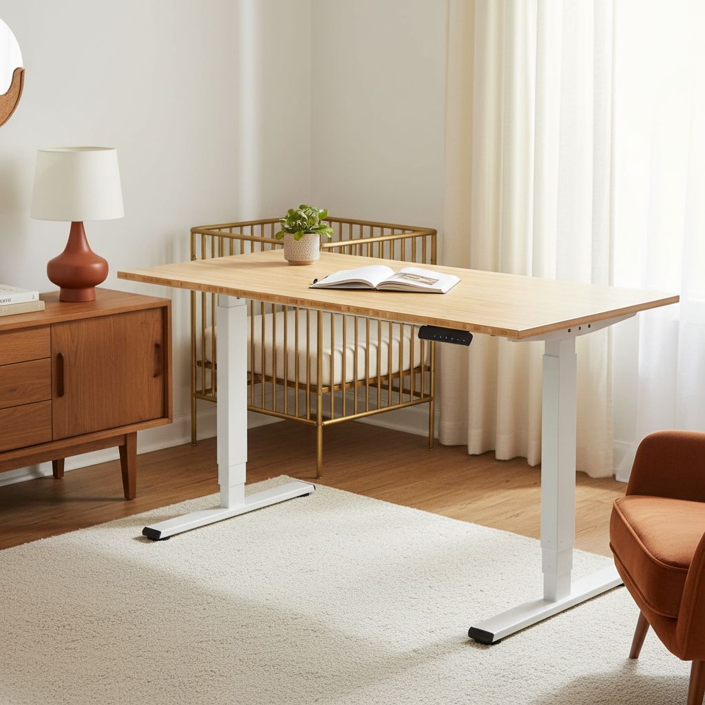 [Color] bamboo desktop electric standing desk with steel frame, shown at [height position], featuring [detail view] — view 5b
