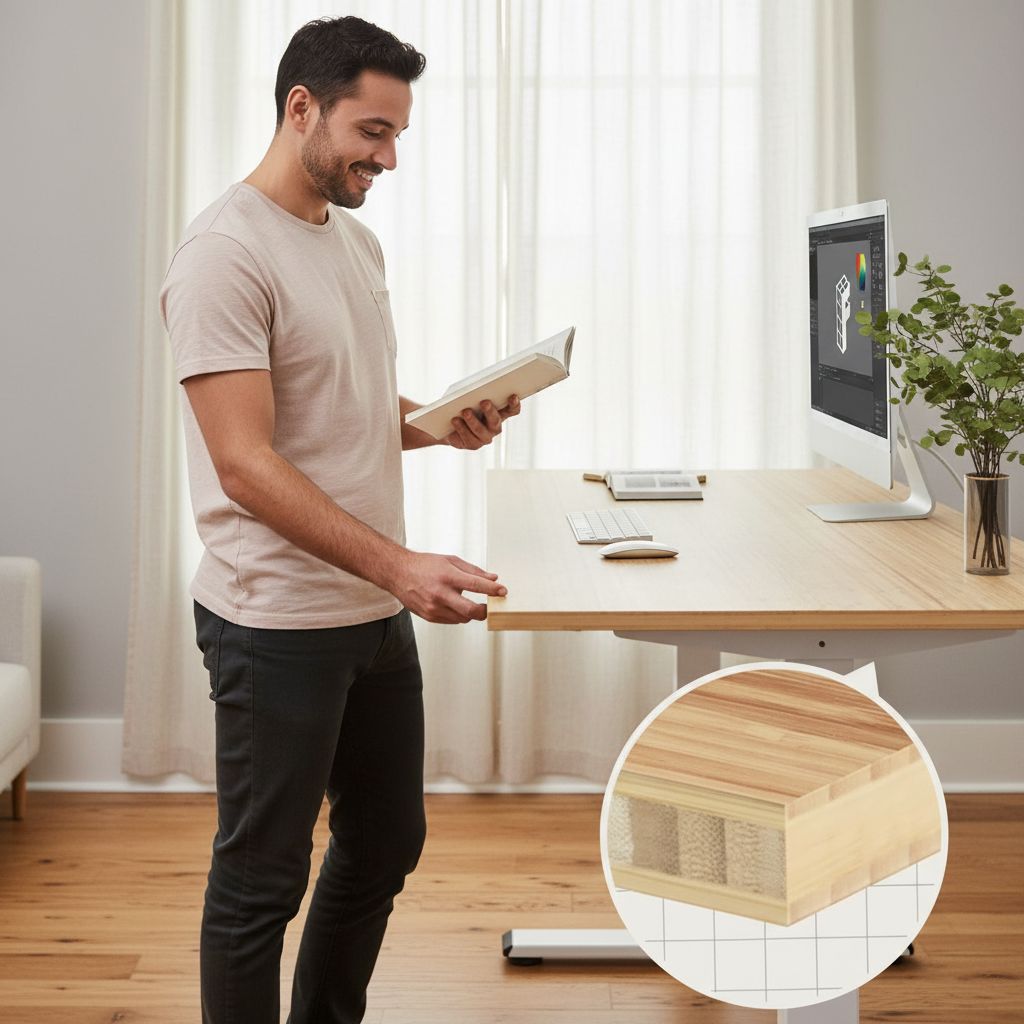 [Color] bamboo desktop electric standing desk with steel frame, shown at [height position], featuring [detail view] — view 2