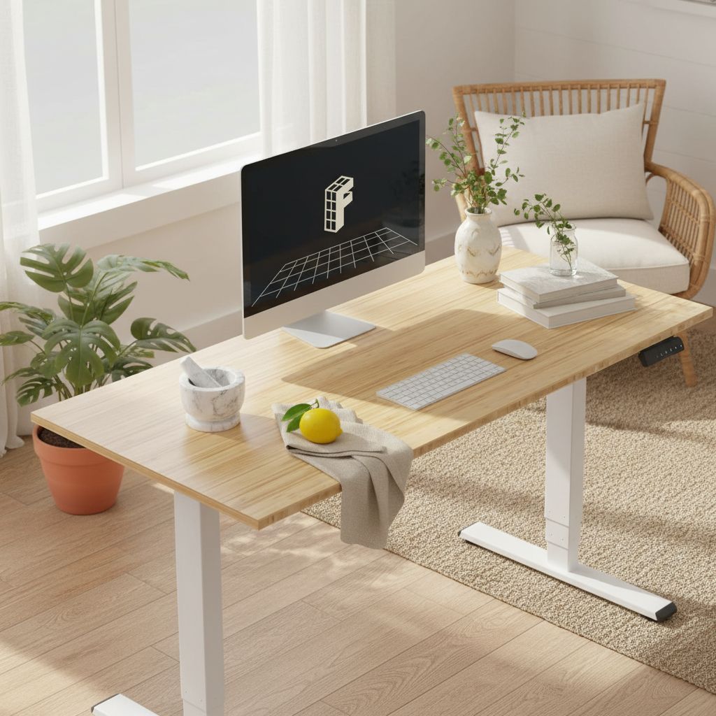 [Color] bamboo desktop electric standing desk with steel frame, shown at [height position], featuring [detail view] — view 3a