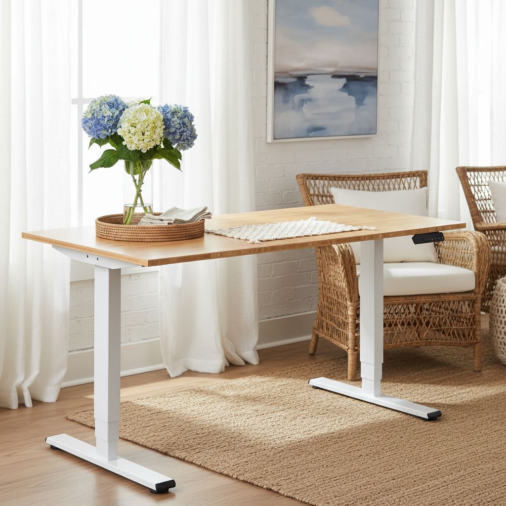 [Color] bamboo desktop electric standing desk with steel frame, shown at [height position], featuring [detail view] — view 4