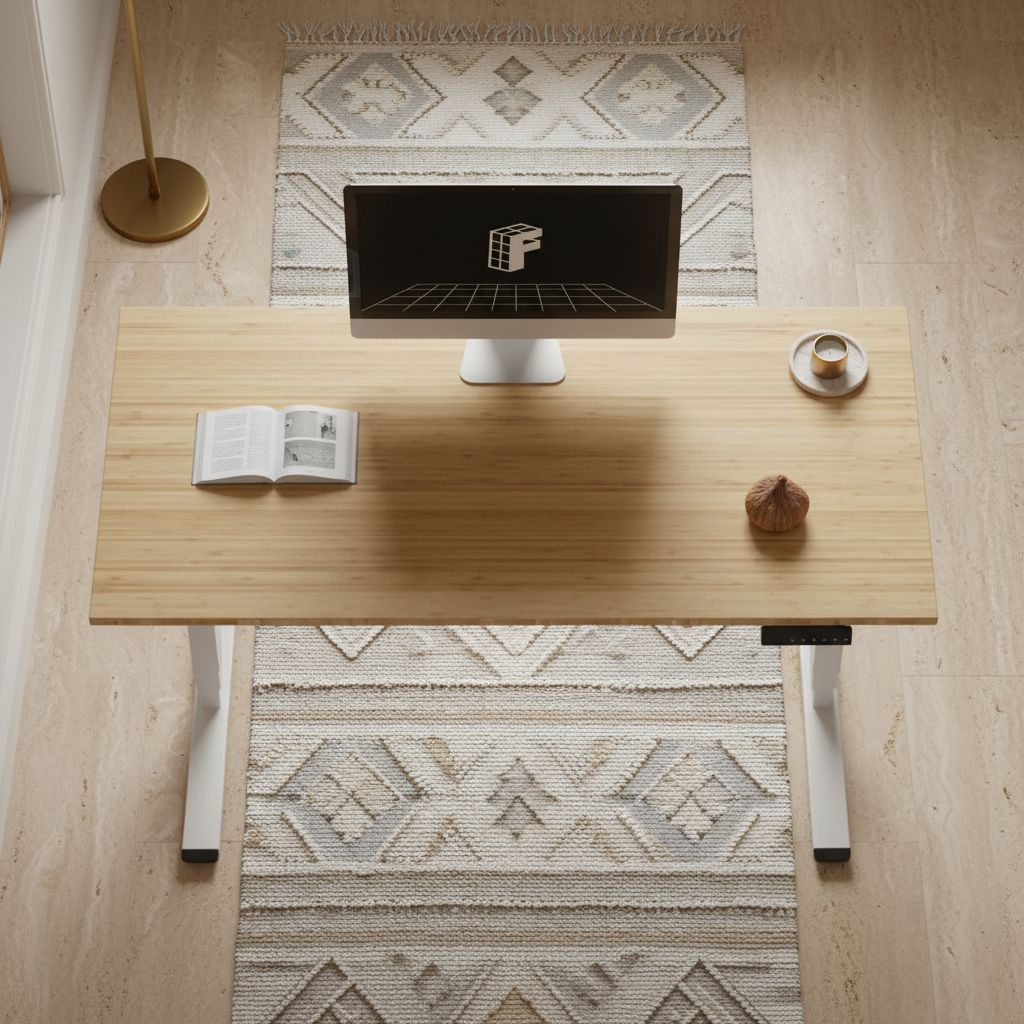 [Color] bamboo desktop electric standing desk with steel frame, shown at [height position], featuring [detail view] — view 5a