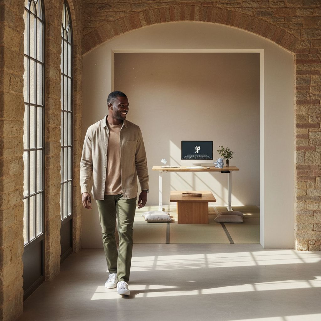 [Color] bamboo desktop electric standing desk with steel frame, shown at [height position], featuring [detail view] — view 6