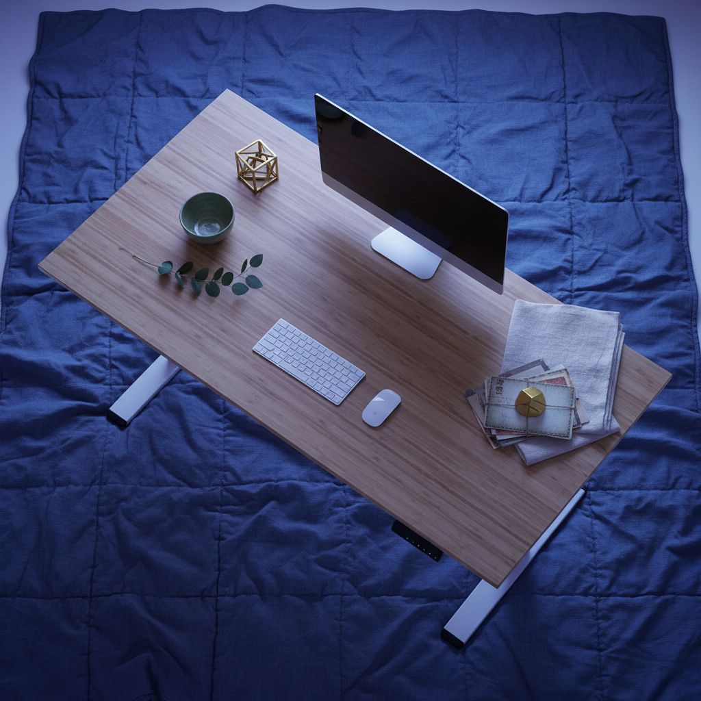 [Color] bamboo desktop electric standing desk with steel frame, shown at [height position], featuring [detail view] — hero view 2