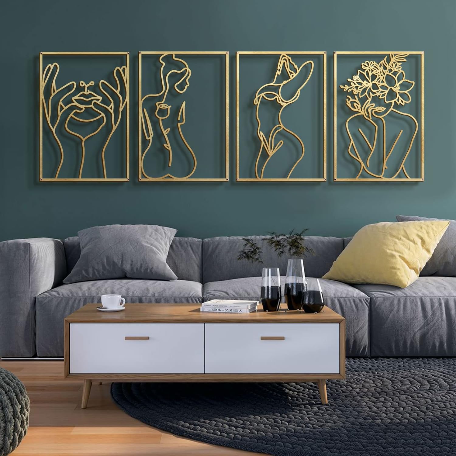 Set of 4 minimalist brass gold metal wall sculptures featuring abstract single-line woman body shapes, 17 x 11.8 inches each — view 1