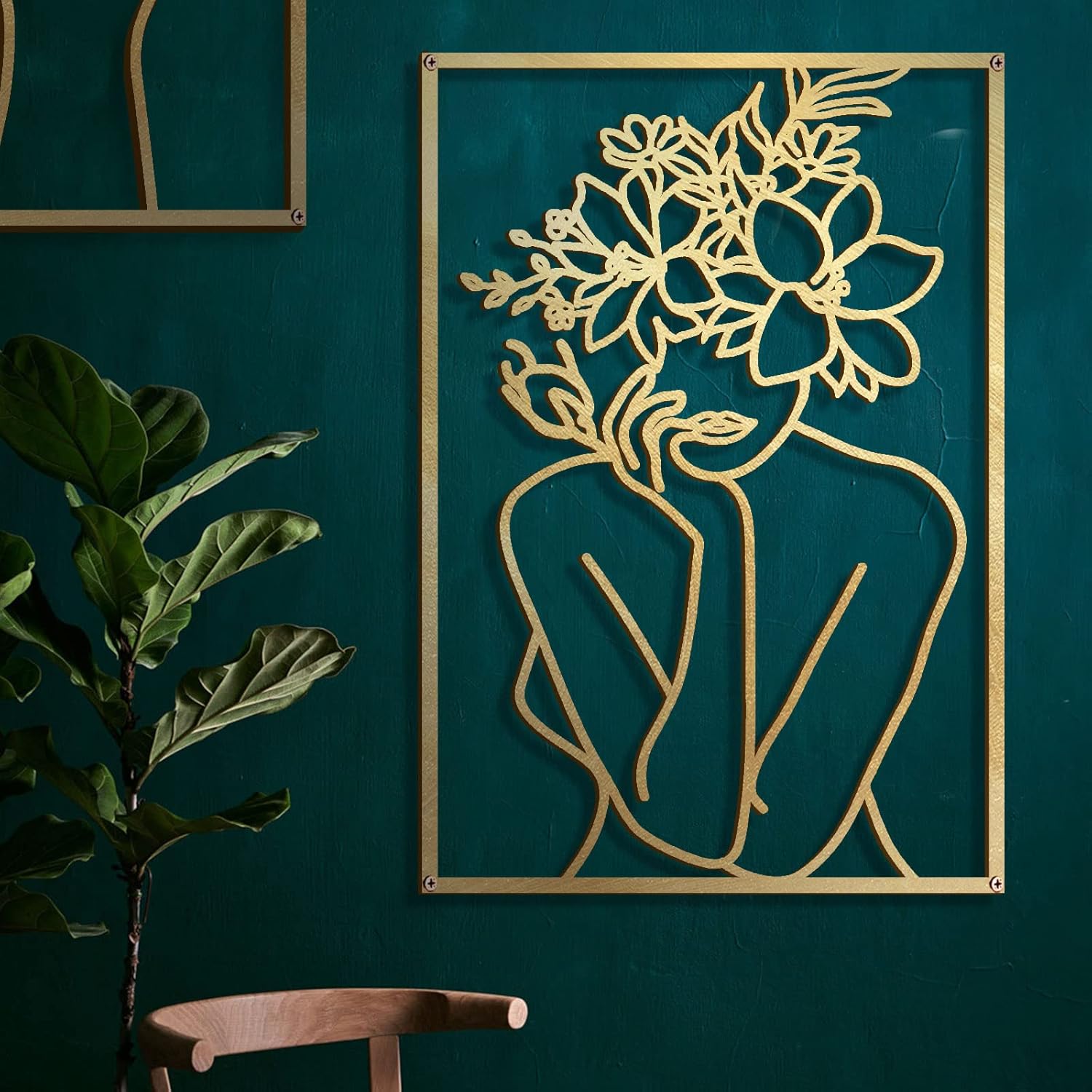 Set of 4 minimalist brass gold metal wall sculptures featuring abstract single-line woman body shapes, 17 x 11.8 inches each — view 2