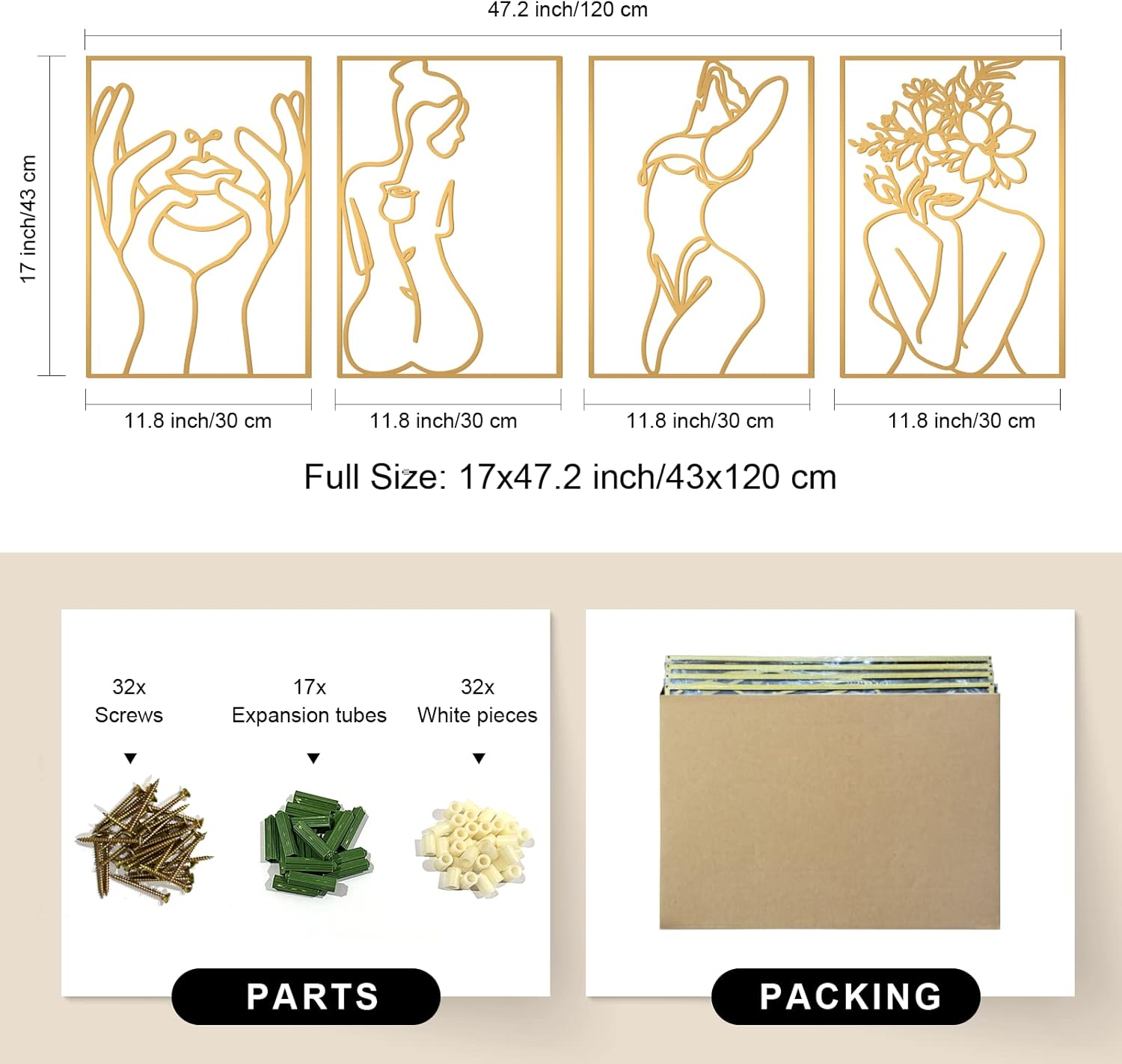 Set of 4 minimalist brass gold metal wall sculptures featuring abstract single-line woman body shapes, 17 x 11.8 inches each — view 4