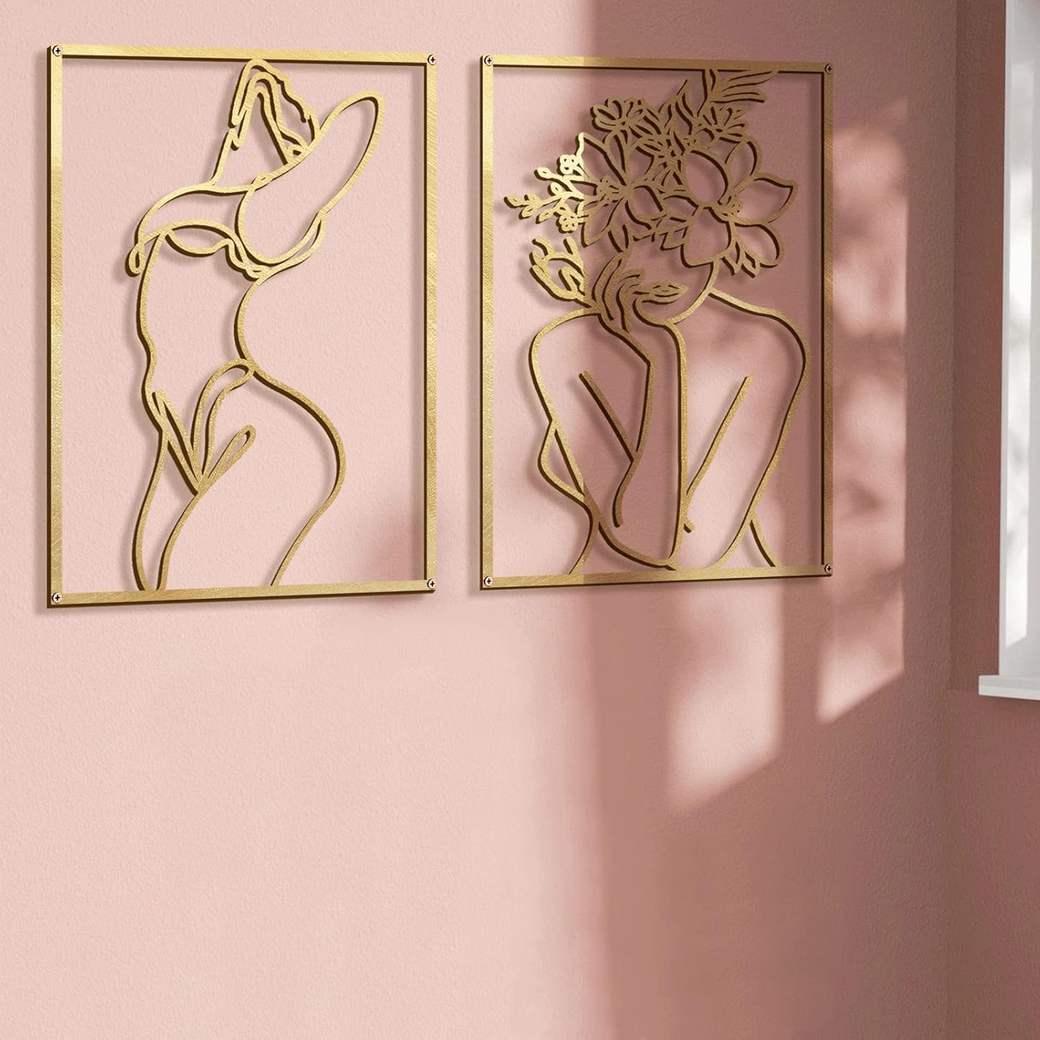 Set of 4 minimalist brass gold metal wall sculptures featuring abstract single-line woman body shapes, 17 x 11.8 inches each — view 3
