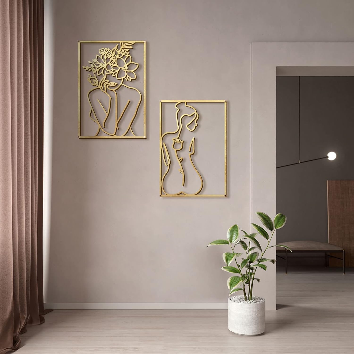 Set of 4 minimalist brass gold metal wall sculptures featuring abstract single-line woman body shapes, 17 x 11.8 inches each — view 4