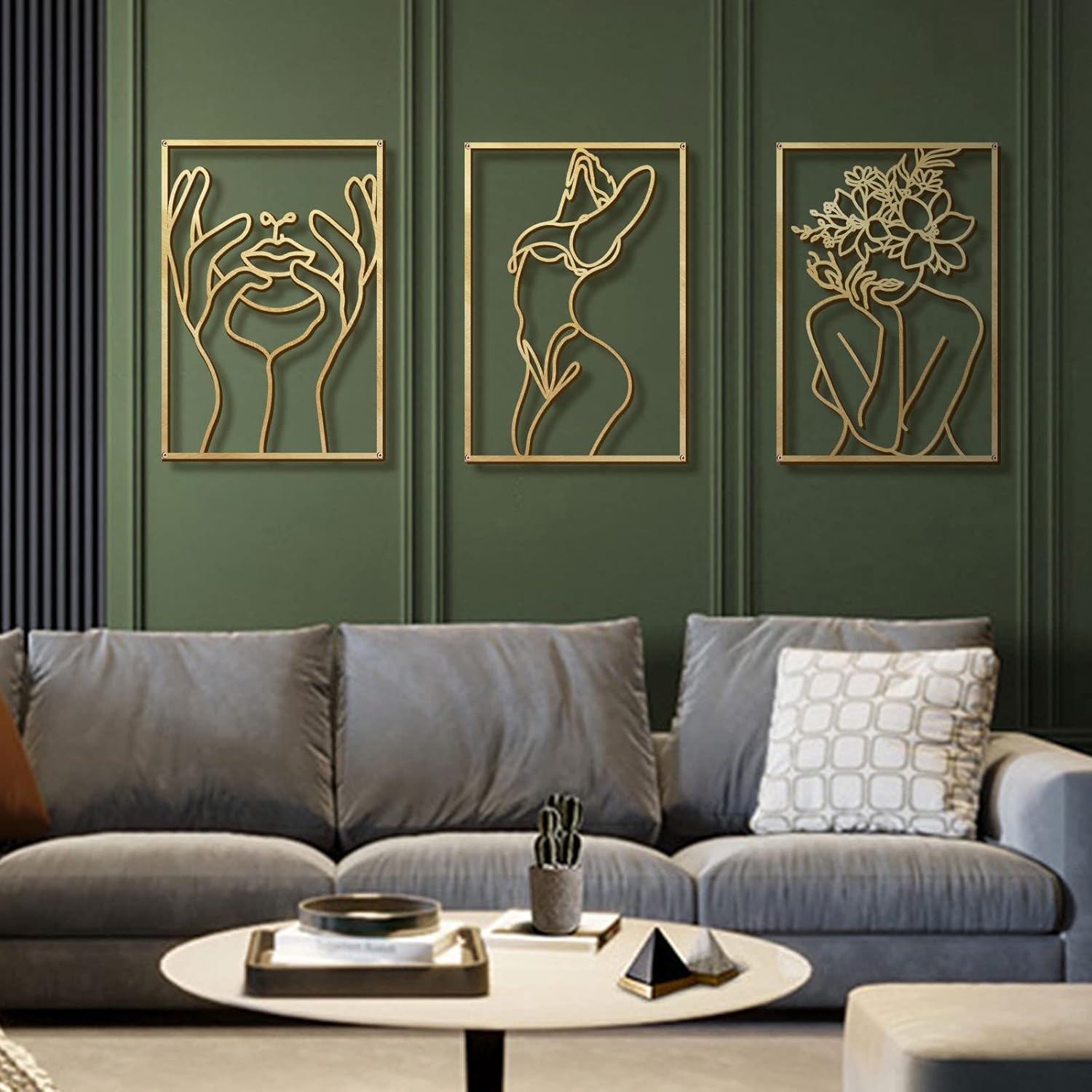 Set of 4 minimalist brass gold metal wall sculptures featuring abstract single-line woman body shapes, 17 x 11.8 inches each — view 5