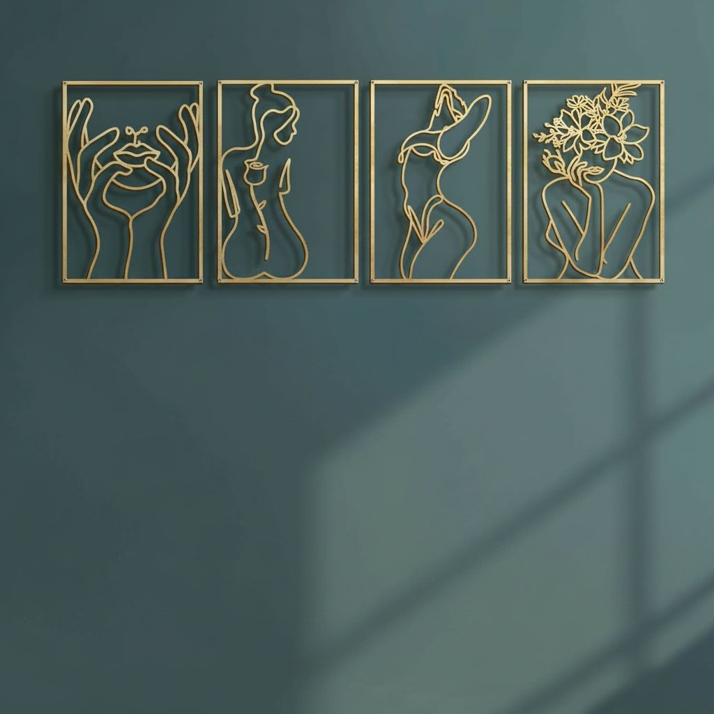 Set of 4 minimalist brass gold metal wall sculptures featuring abstract single-line woman body shapes, 17 x 11.8 inches each — hero view 1