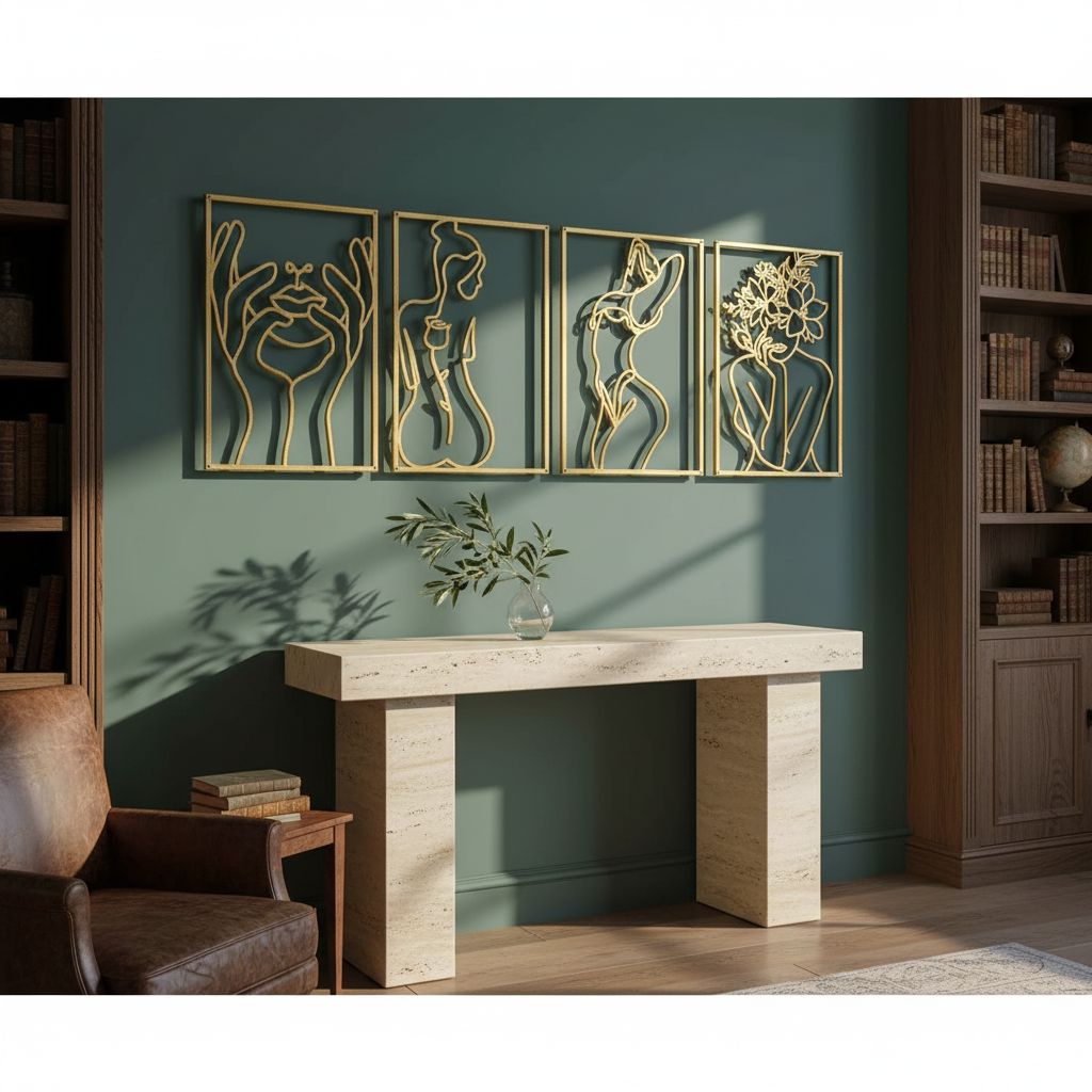 Set of 4 minimalist brass gold metal wall sculptures featuring abstract single-line woman body shapes, 17 x 11.8 inches each — view 5b