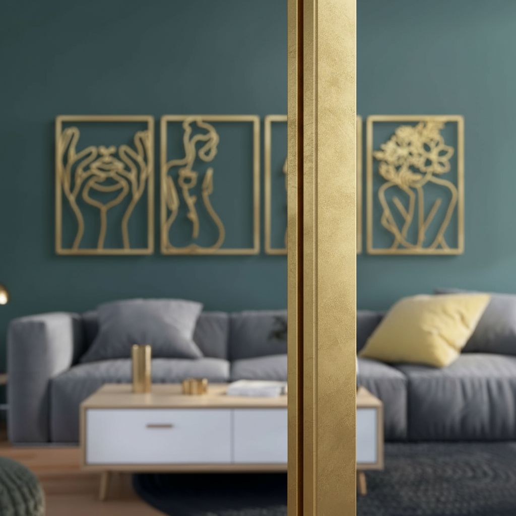 Set of 4 minimalist brass gold metal wall sculptures featuring abstract single-line woman body shapes, 17 x 11.8 inches each — view 7