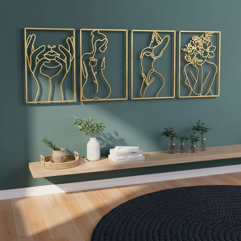 Set of 4 minimalist brass gold metal wall sculptures featuring abstract single-line woman body shapes, 17 x 11.8 inches each — view 3a