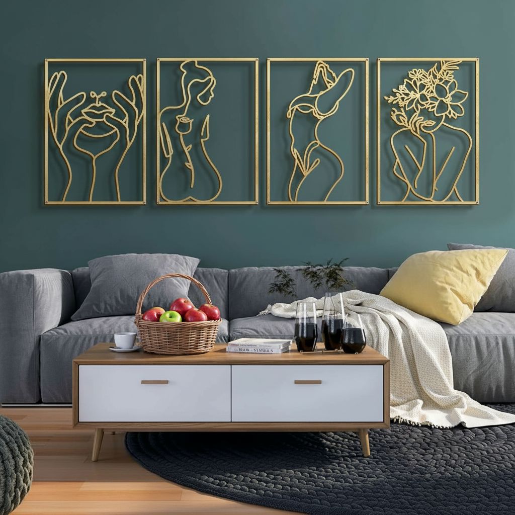 Set of 4 minimalist brass gold metal wall sculptures featuring abstract single-line woman body shapes, 17 x 11.8 inches each — view 4