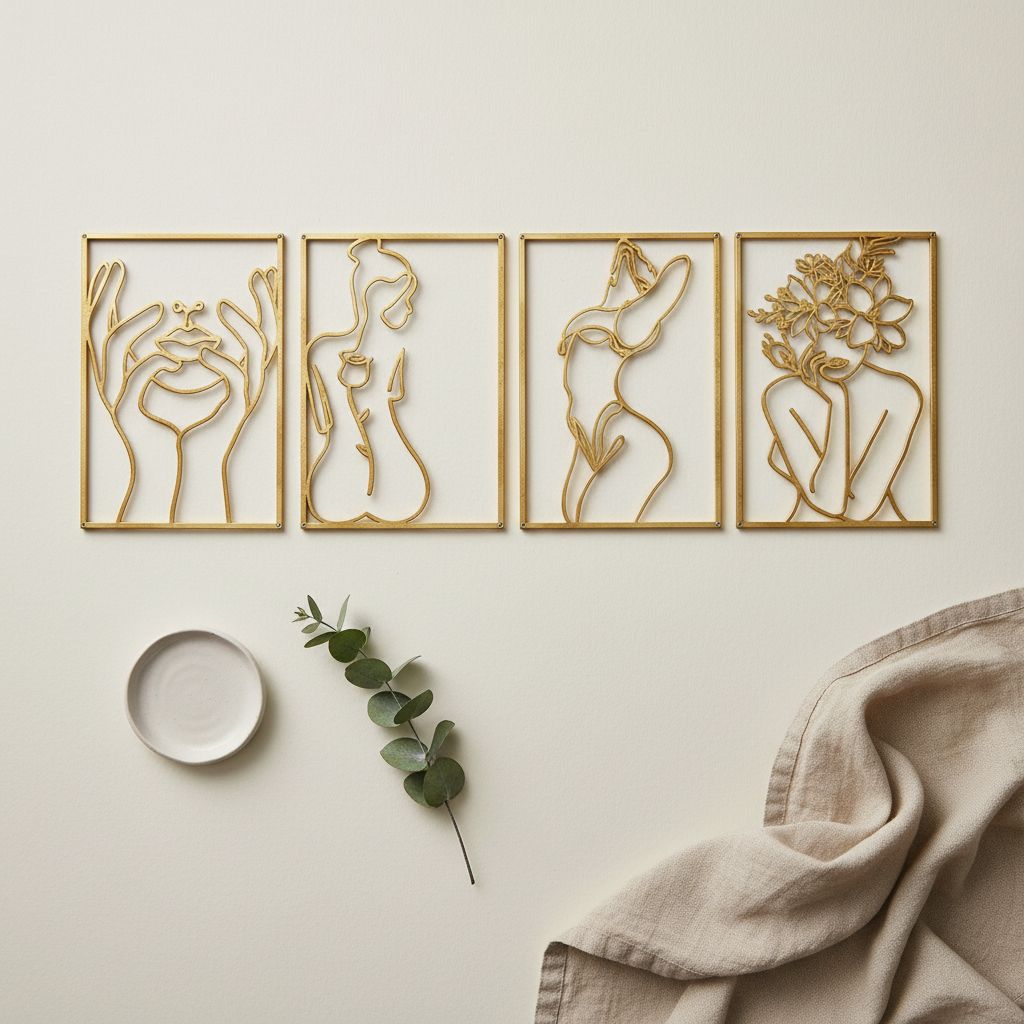 Set of 4 minimalist brass gold metal wall sculptures featuring abstract single-line woman body shapes, 17 x 11.8 inches each — hero view 2