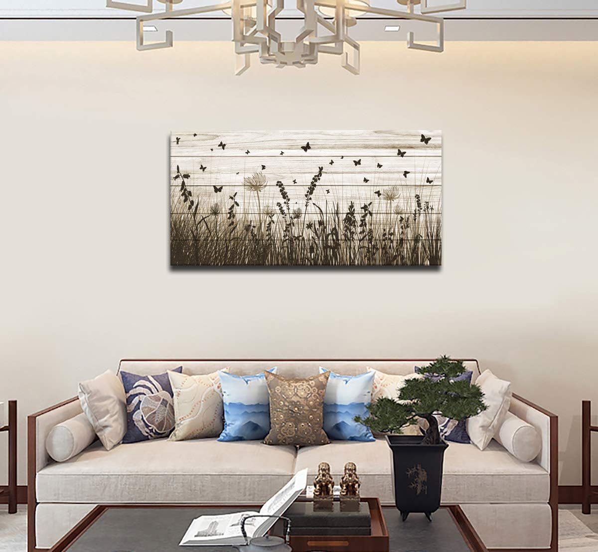 Framed wildflower canvas wall art featuring butterflies and dandelions with warm earth tone palette on wooden frame — view 4