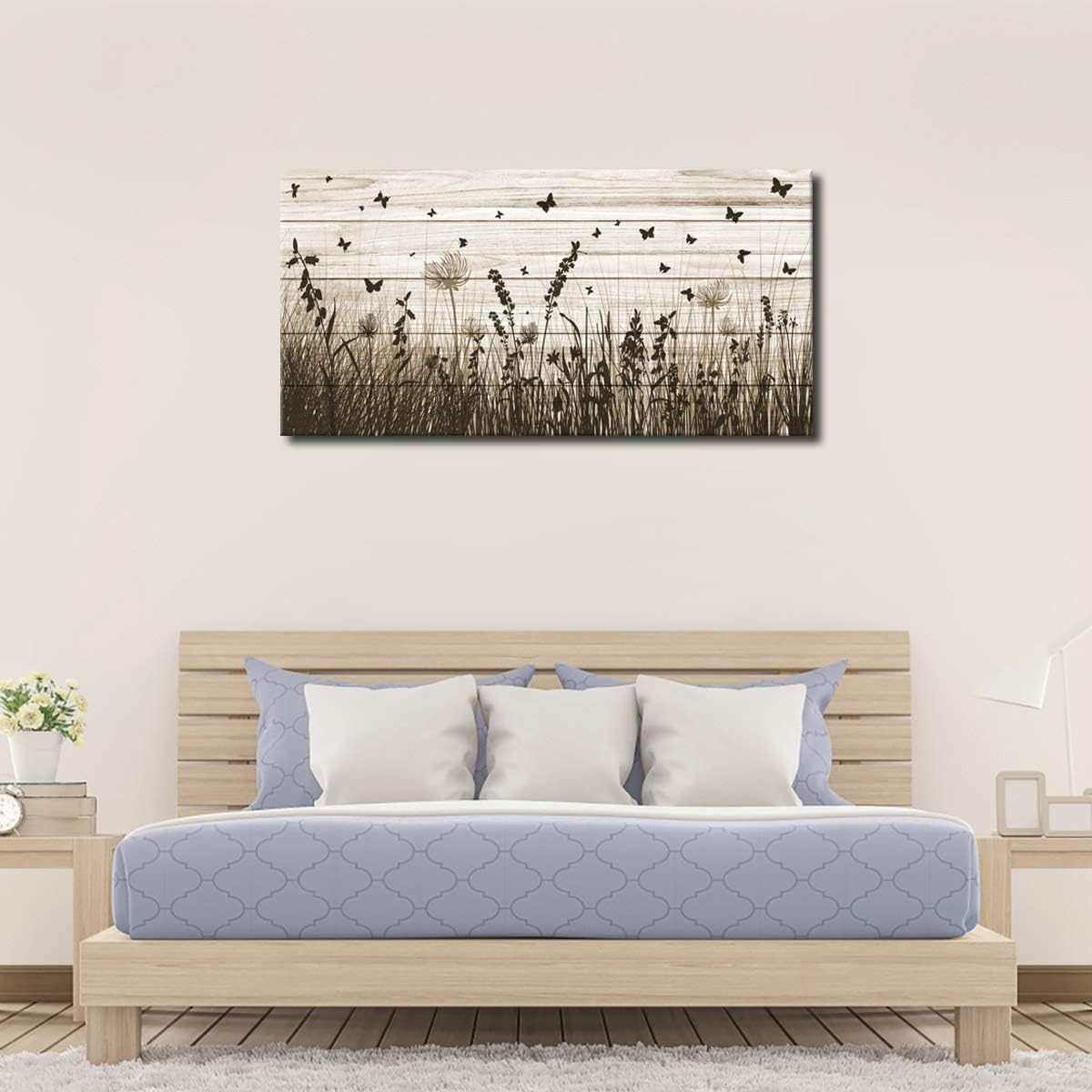 Framed wildflower canvas wall art featuring butterflies and dandelions with warm earth tone palette on wooden frame — view 2
