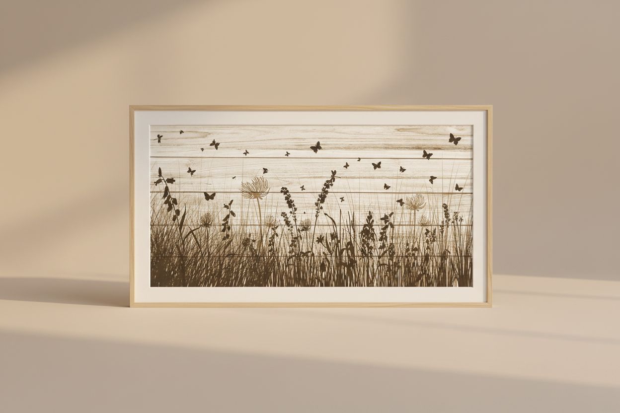 Framed wildflower canvas wall art featuring butterflies and dandelions with warm earth tone palette on wooden frame — hero view 1