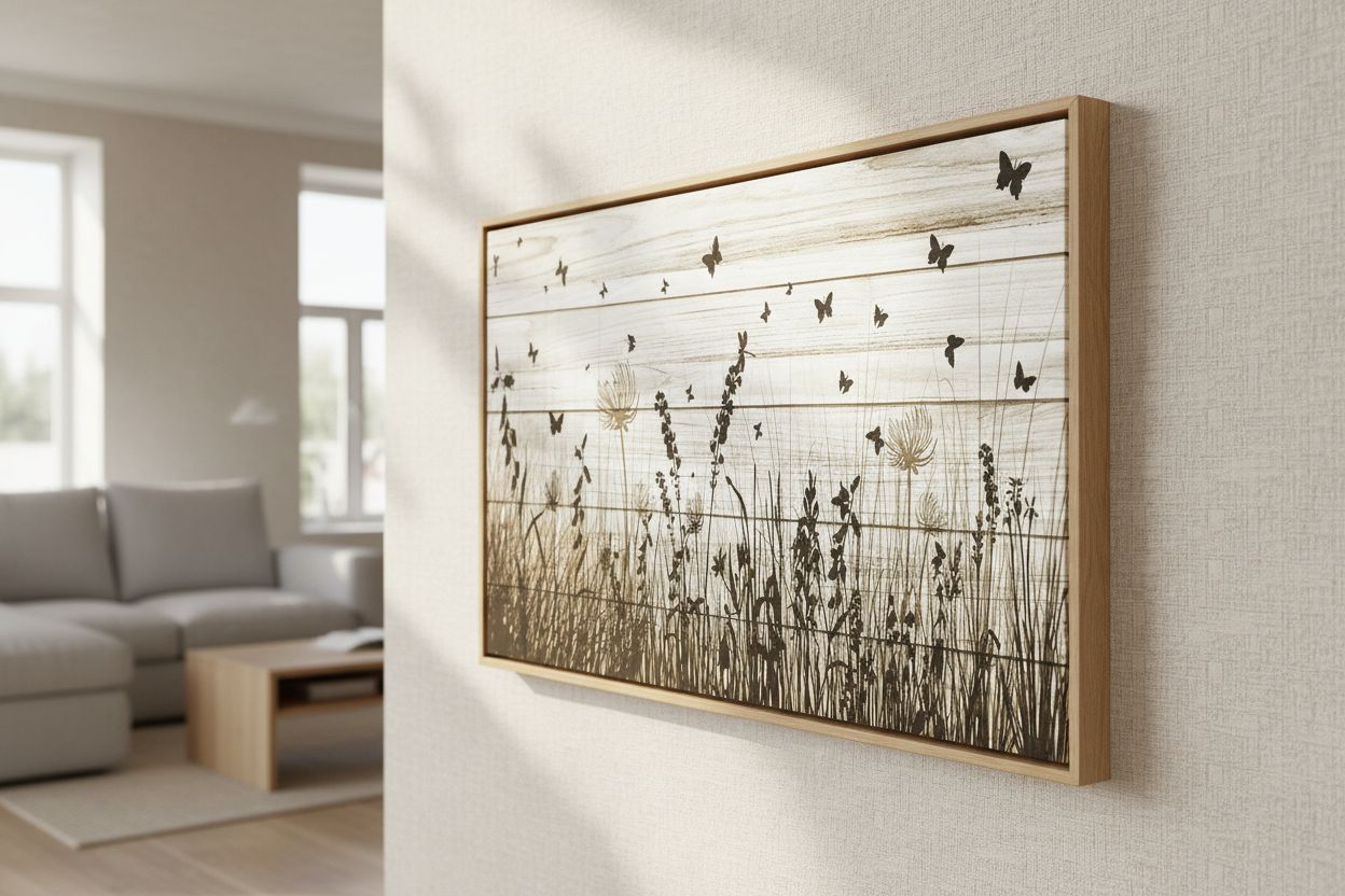Framed wildflower canvas wall art featuring butterflies and dandelions with warm earth tone palette on wooden frame — view 7
