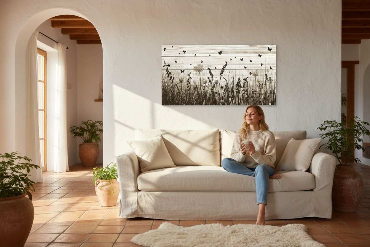 Framed wildflower canvas wall art featuring butterflies and dandelions with warm earth tone palette on wooden frame — view 2
