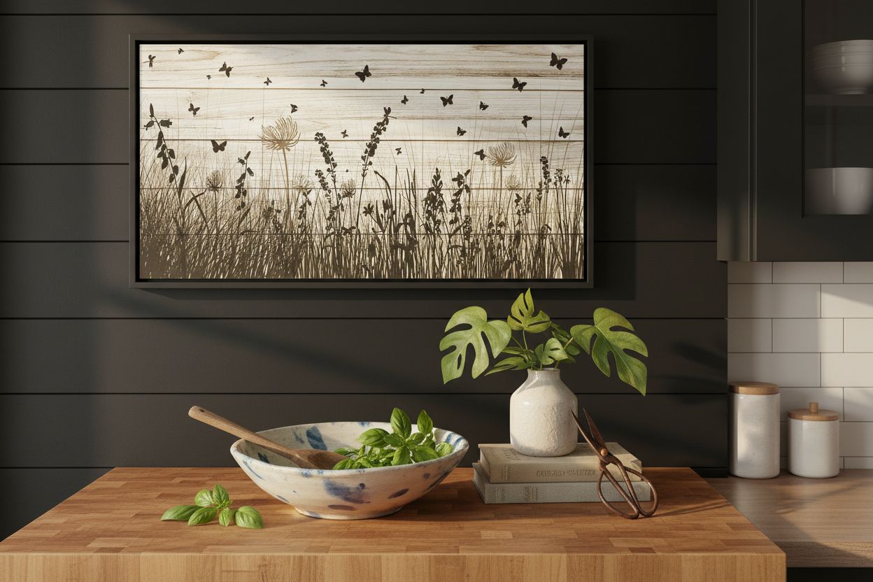 Framed wildflower canvas wall art featuring butterflies and dandelions with warm earth tone palette on wooden frame — view 3a