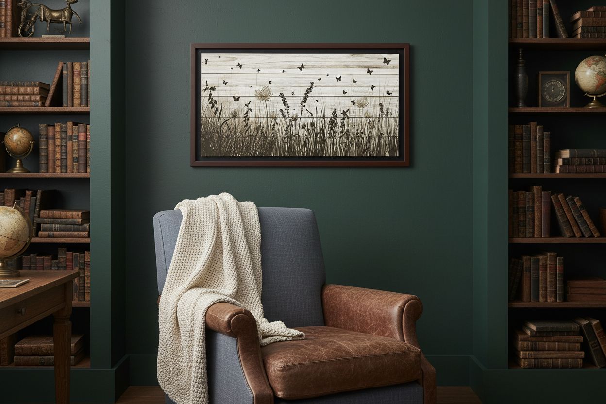 Framed wildflower canvas wall art featuring butterflies and dandelions with warm earth tone palette on wooden frame — view 5a