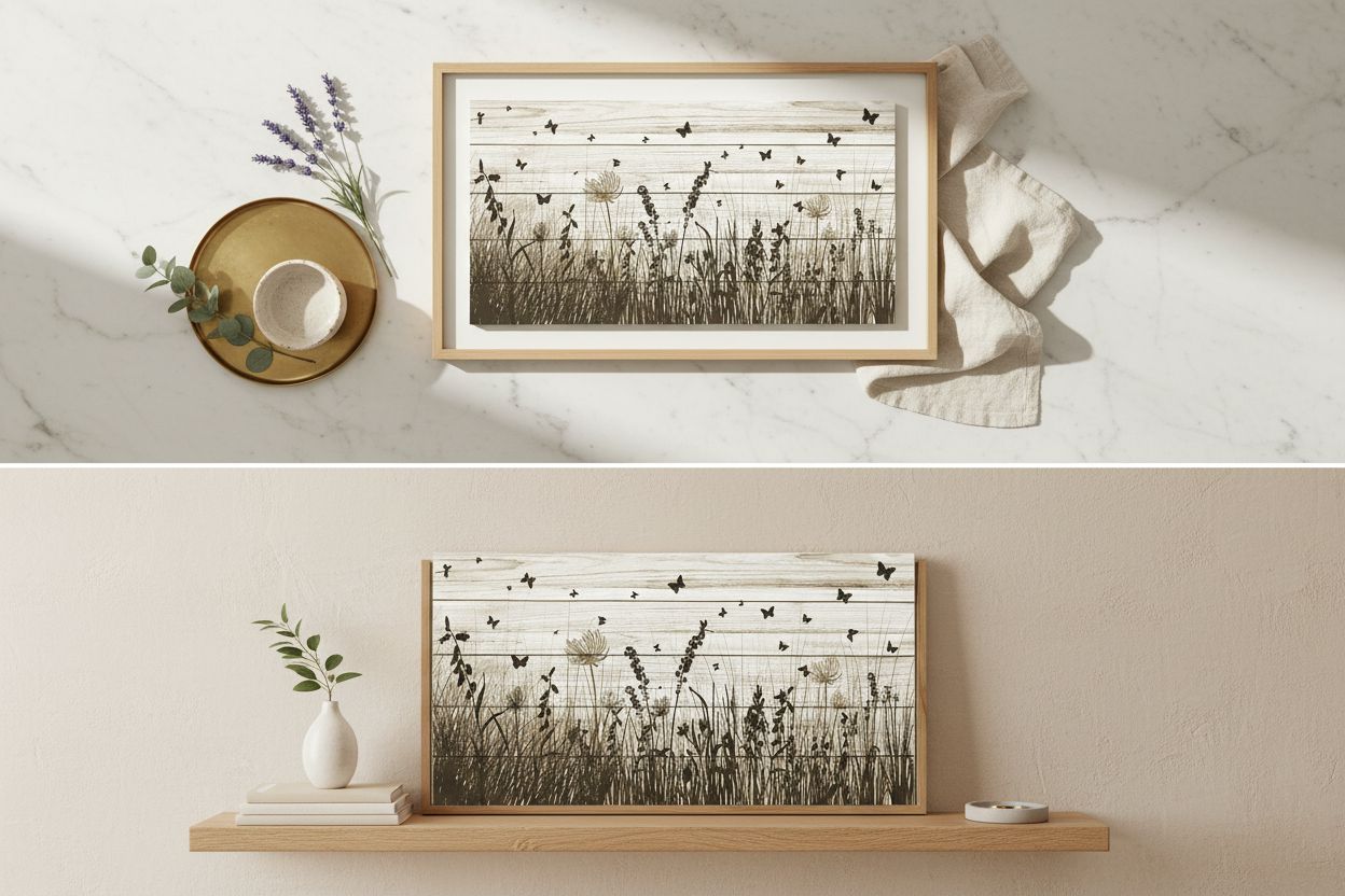 Framed wildflower canvas wall art featuring butterflies and dandelions with warm earth tone palette on wooden frame — hero view 2