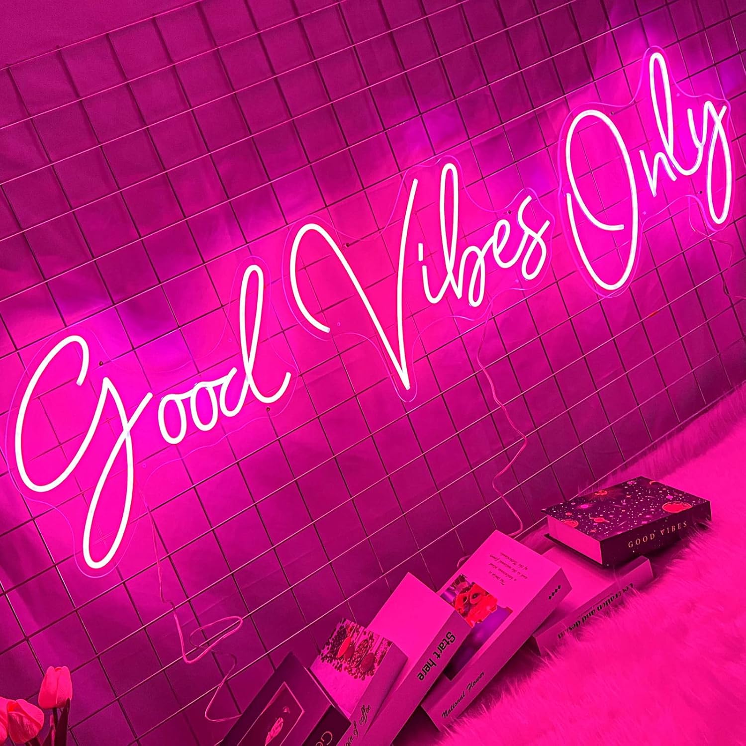 Large pink neon wall sign with LED tubing and plastic backing, dimmable modern bedroom decor — view 3