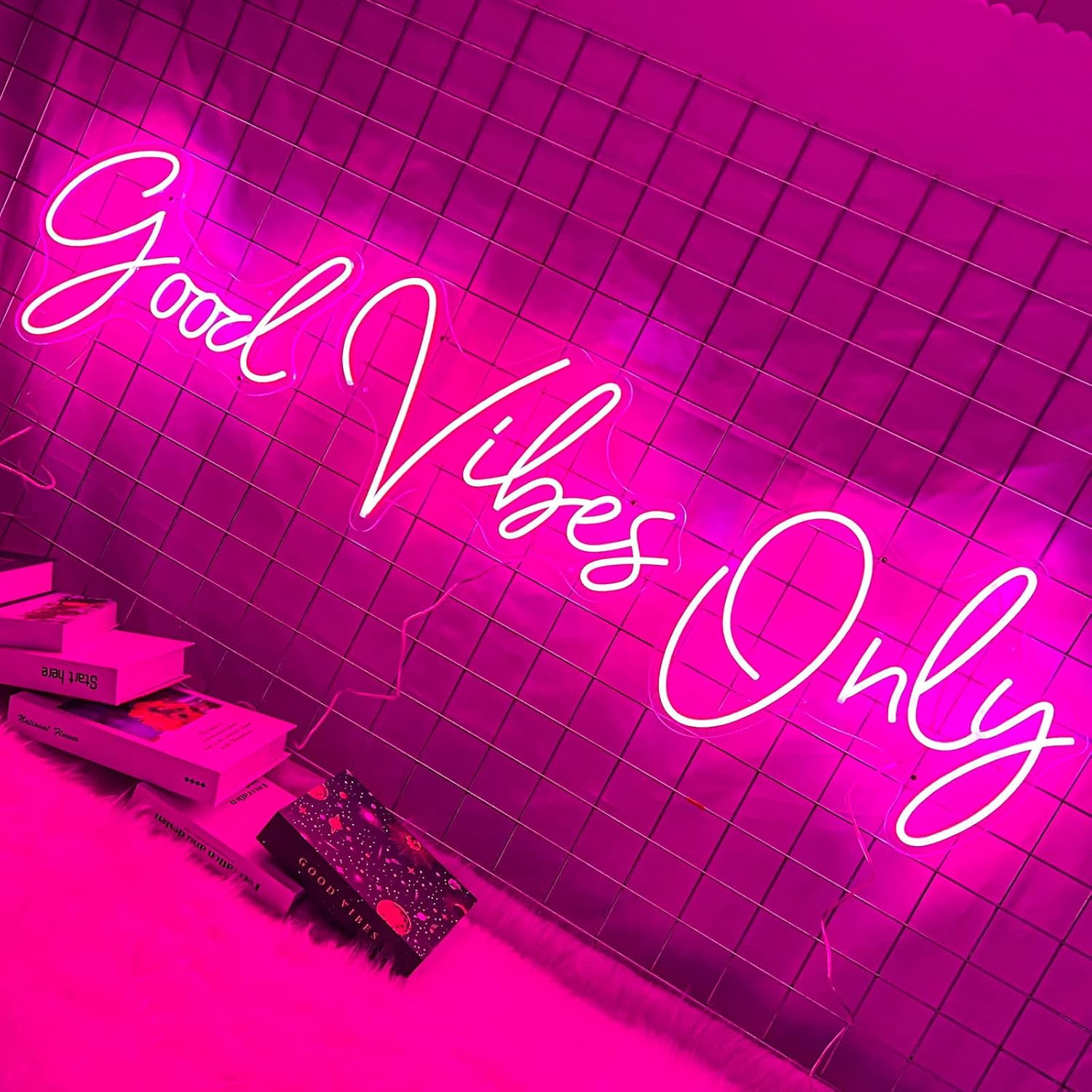 Large pink neon wall sign with LED tubing and plastic backing, dimmable modern bedroom decor — view 5