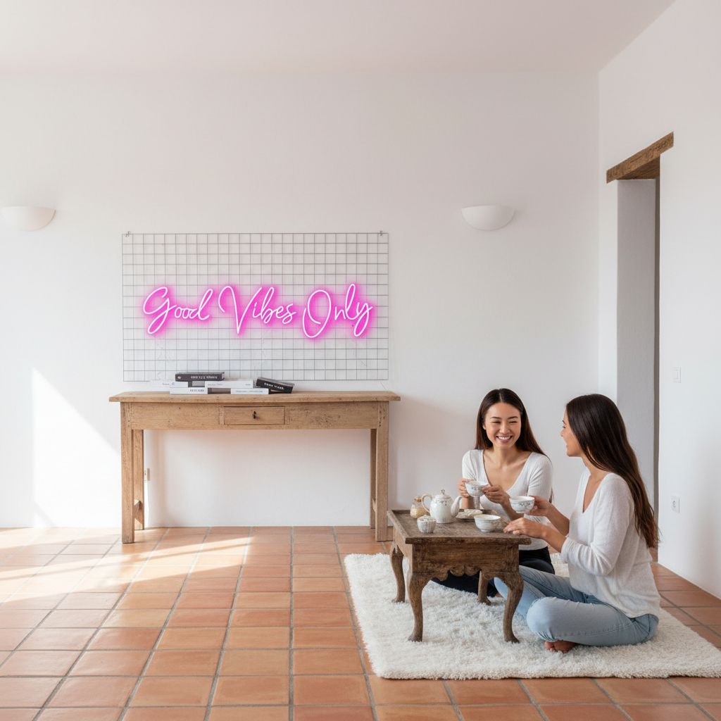 Large pink neon wall sign with LED tubing and plastic backing, dimmable modern bedroom decor — view 3b