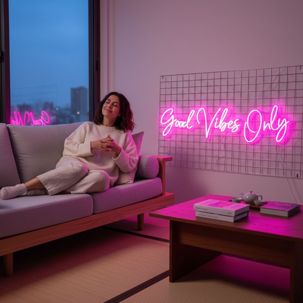 Large pink neon wall sign with LED tubing and plastic backing, dimmable modern bedroom decor — view 2