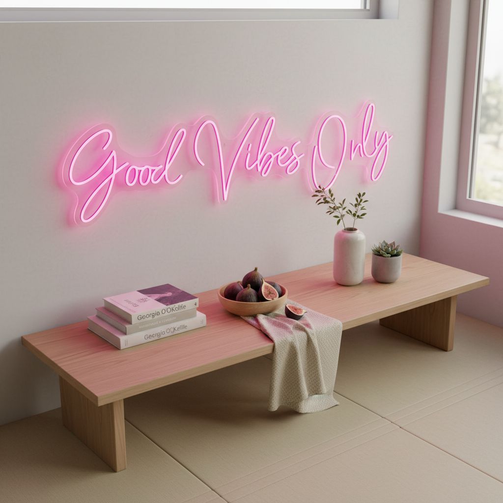 Large pink neon wall sign with LED tubing and plastic backing, dimmable modern bedroom decor — view 3a
