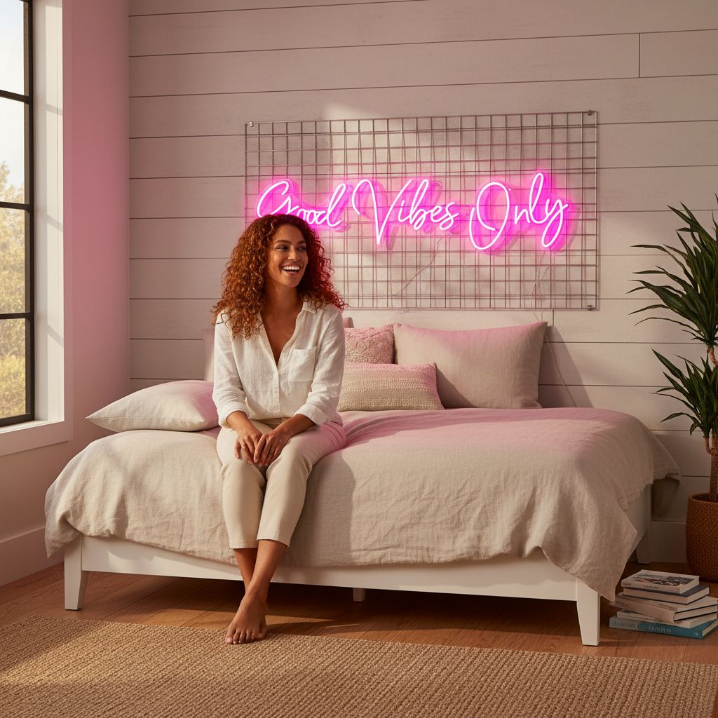 Large pink neon wall sign with LED tubing and plastic backing, dimmable modern bedroom decor — view 6