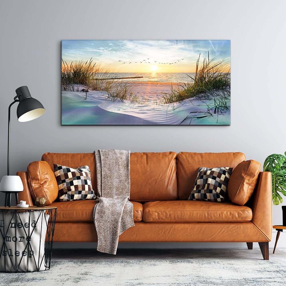 Large canvas wall print featuring coastal seascape landscape in cool blue tones, modern ocean beach artwork for living room decor — view 2