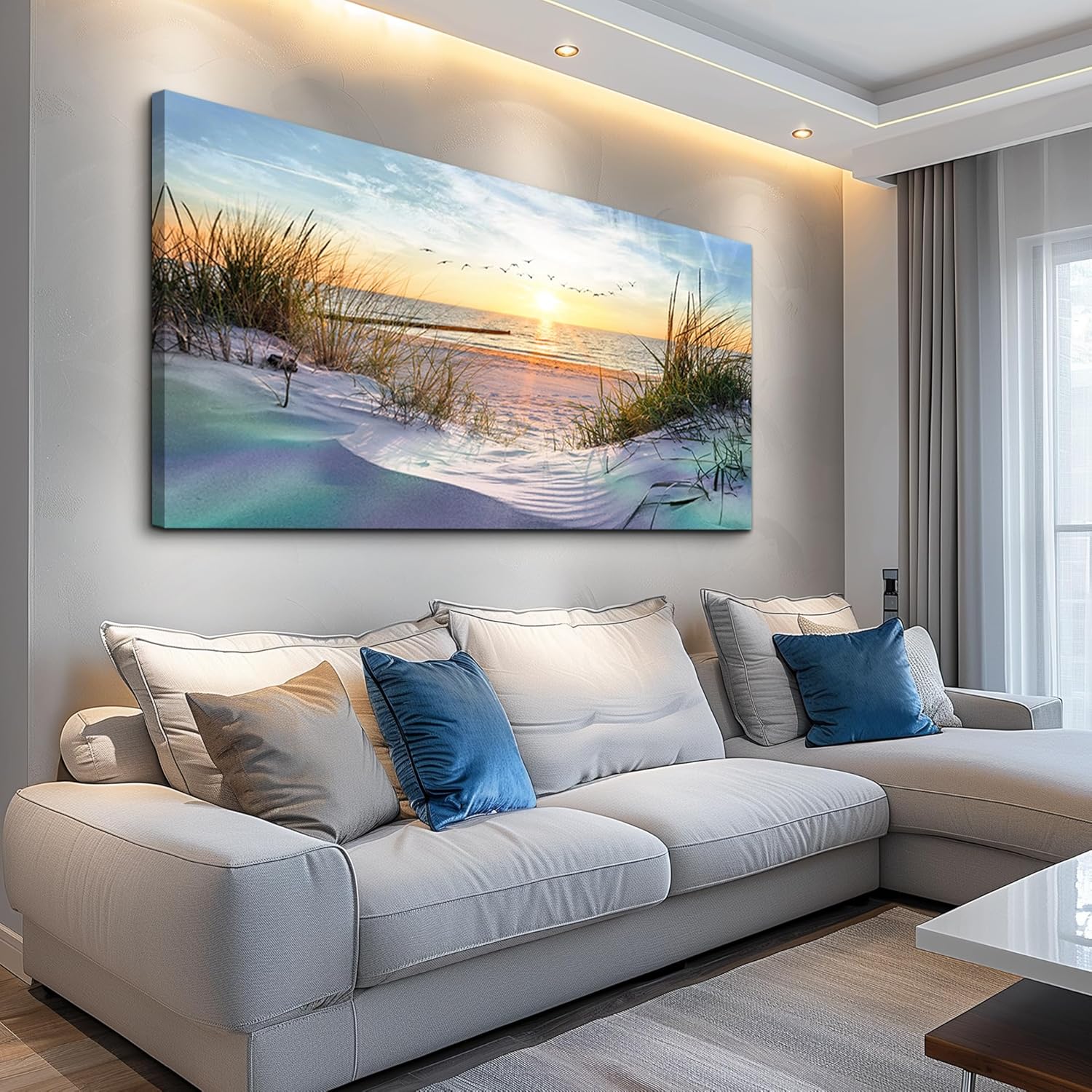 Large canvas wall print featuring coastal seascape landscape in cool blue tones, modern ocean beach artwork for living room decor — view 3